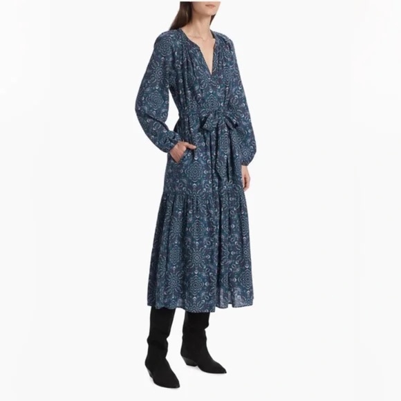 XIRENA Ambrose Belted Tiered Midi Dress Indigo Flora - Size Medium - Picture 7 of 9